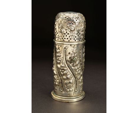 A VICTORIAN SILVER SUGAR CASTER, of cylindrical form, domed pull off cover, foliate repousse decoration, base edge stamped wi