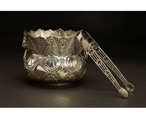 A VICTORIAN SILVER TWIN HANDLED SUGAR BOWL, of oval waisted vase form, embossed decoration of lozenges and foliate motifs, li