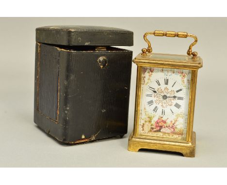 AN EARLY 20TH CENTURY FRENCH BRASS CARRIAGE CLOCK, enamel dial a.f, painted with swags and courting couple, Roman numerals, h