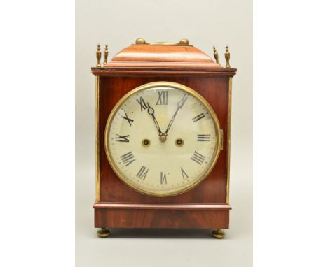 AN EARLY 19TH CENTURY BRACKET CLOCK MOVEMENT IN A LATER MAHOGANY CASE, painted dial with repainted black Roman numerals, eigh