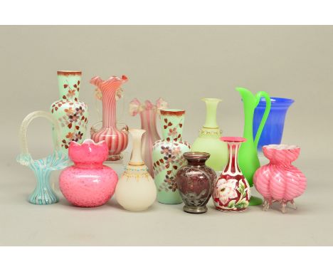 A COLLECTION OF BRITISH AND CONTINENTAL GLASS, to include a Stevens and Williams alabaster glass urn shaped vase, two pink St