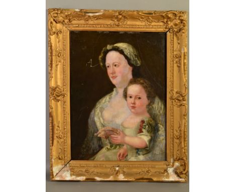 AN 18TH CENTURY STYLE PORTRAIT OF A MOTHER AND CHILD, the child is holding a seashell, unsigned, oil on canvas, gilt framed, 