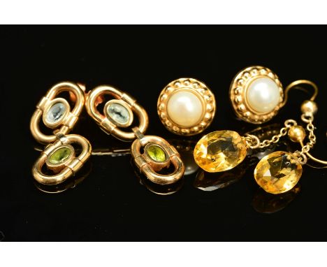 THREE PAIRS OF EARRINGS, the first a pair of studs designed as a cultured pearl within a circular embossed beaded surround, s