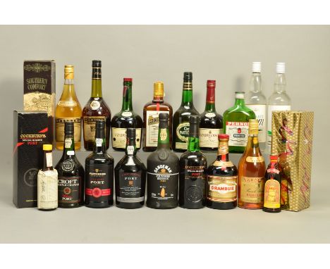 A COLLECTION OF COGNAC, PORT AND OTHER SPIRITS, comprising two bottles of Martell VS Three Star Cognac, one bottle sealed and