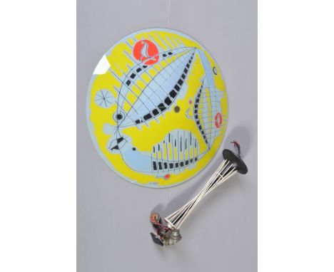 A MID 20TH CENTURY ATOMIC ERA CEILING LIGHT, the domed circular opaque glass shade with original abstract design, yellow grou