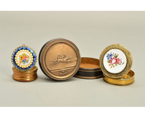 TWO LATE 19TH/EARLY 20TH CENTURY GILT METAL AND ENAMEL PILL BOXES, diameters 5.2cm and 4cm, together with a turned wood snuff