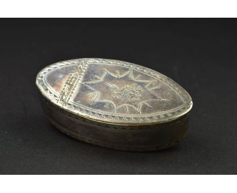 A GEORGE III IRISH SILVER SNUFF BOX, of navette form, bright cut borders to cover and sides, the hinged portion of the cover 