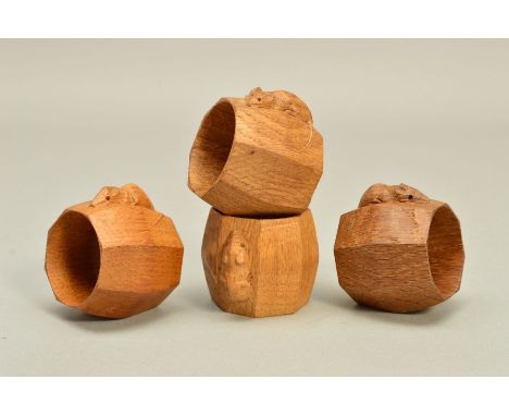 FOUR ROBERT (MOUSEMAN) THOMPSON NAPKIN RINGS, each bearing the trademark carved mouse, height approximately 5cm 