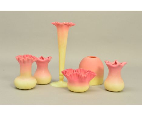 A GROUP OF THOMAS WEBB &amp; SONS QUEENS BURMESE WARE, to include a pair of posy vases, graduated pink to yellow with folded 