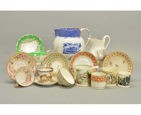 A GROUP OF 19TH CENTURY TRANSFER PRINTED WARES AND ENGLISH PORCELAIN TEA CUPS AND SAUCERS, to include a monochrome printed mu