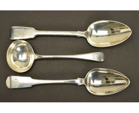 A GEORGE IV SILVER FIDDLE PATTERN TABLESPOON, engraved initials, maker John Walton, Newcastle 1820, together with a similar s
