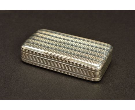 A GEORGE III RECTANGULAR SILVER SNUFF BOX, the whole exterior engine turned with horizontal bands, gilt interior, maker Willi