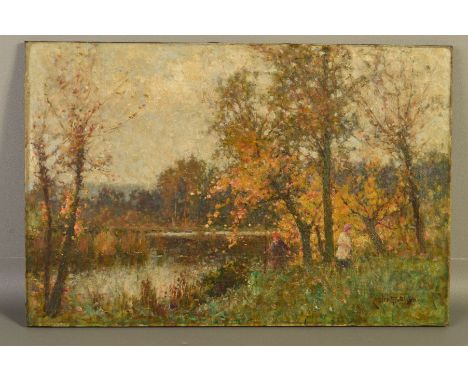 LESTER SUTCLIFFE (BRITISH 1848-1933), 'Meanwood Lake, Leeds', figures beside a lake, one holding a fishing rod, signed bottom