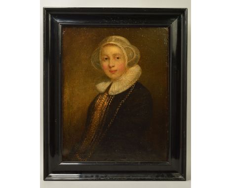 18TH CENTURY SCHOOL, head and shoulders portrait of an Elizabeth lady, wearing white lace cap and ruff, black dress with gold