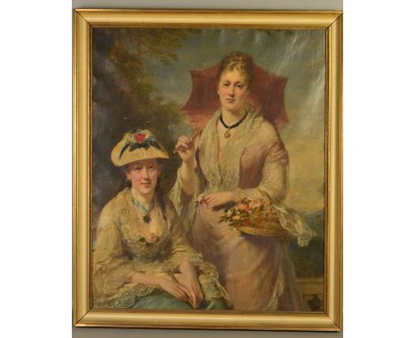 AN EDWARDIAN STYLE PORTRAIT OF TWO FEMALE FIGURES, three quarter length, one seated, one standing, unsigned, framed, oil on c