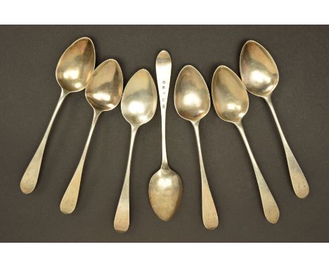 A SET OF SIX GEORGE III SCOTTISH SILVER CELTIC POINT DESSERT SPOONS, all engraved with an initial, together with another matc