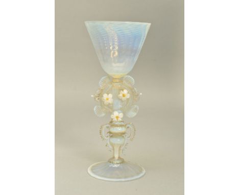 A FACON DE VENISE STYLE GLASS GOBLET, having wrythen moulding to the bowl and foot, the stem having applied decoration includ