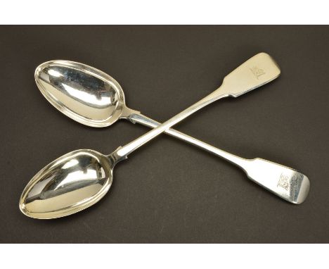 A PAIR OF WILLIAM IV SILVER FIDDLE PATTERN BASTING SPOONS, engraved boar's head crest, maker William Eaton, London 1832, appr