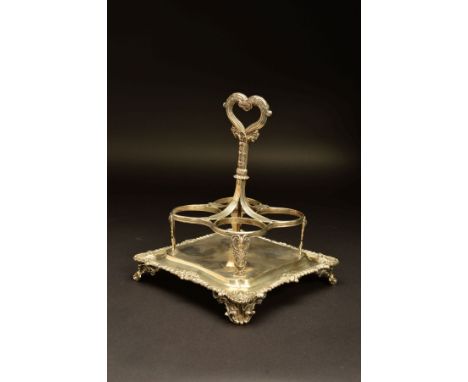 A WILLIAM IV SILVER FOUR DIVISION CRUET STAND BY WILLIAM BATEMAN (II) FOR RUNDELL, BRIDGE &amp; CO, heart shaped handle on fo