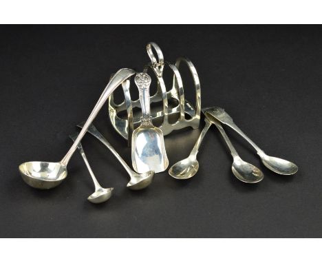 A GEORGE VI SILVER FIVE BAR TOAST RACK, of arched form on a rectangular base, makers Walker &amp; Hall, Sheffield 1942, toget