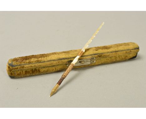 A LATE VICTORIAN/EDWARDIAN GILT METAL AND MOTHER OF PEARL DIP PEN, the nib marked 'H.M. Smith &amp; co, New York, No.2', the 