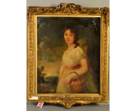 AN 18TH CENTURY STYLE THREE QUARTER LENGTH PORTRAIT OF A YOUNG GIRL HOLDING A BASKET OF APPLES, open country views in the dis