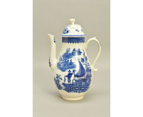 A LATE 18TH CENTURY CAUGHLEY COFFEE POT AND COVER, transfer printed in blue with Fisherman and Cormorant pattern, crescent ma