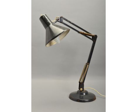 AN EARLY 20TH CENTURY DARK BLUE PAINTED ANGLE POISE STYLE DESK LAMP on a sloped base