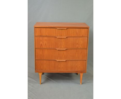 AN AUSTIN SUITE TEAK CHEST OF FOUR LONG GRADUATED DRAWERS, with shaped handles, on square tapering legs, width 79.5cm x depth