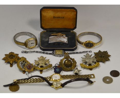 Gentlemen's wristwatches;  miliary cap badges;  Ronson lighter