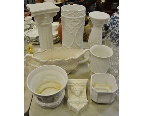 Ceramics - an Arthur Woods, Milan flower bowl; an umbrella stand; a twin handled Doric urn; a jardiniere and stand; a wall po