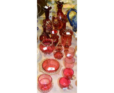 Glassware - a Bohemian ruby glass dimple decanter, (faults); cranberry glass jar and cover; perfume phials; custard cups;  et