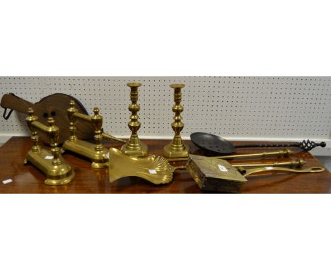 Metalware - George III brass ejector candlestick Art Nouveau chestnut roaster, fireside implements, bellows; etc