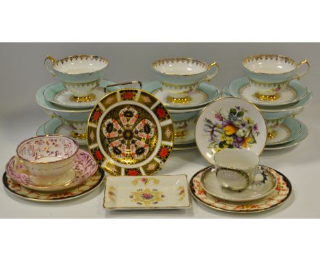 Teaware - a Royal Crown Derby 1128 saucer;  a Sunderland lustre teacup and saucer, c.180;  a tea service, printed with colour