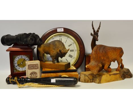 Boxes and Objects - a North American Folk Art carved Buffalo; another; contemporary Smiths Timecal wall clock; Sorrento type 