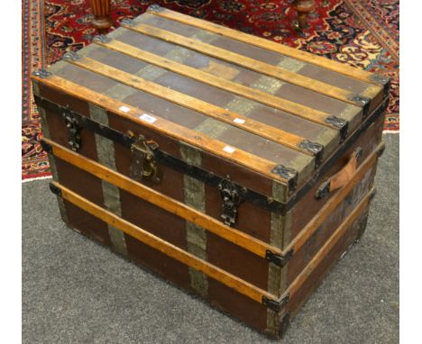 An early 20th century banded steamer trunk; a framed French Impressionist print (2)
