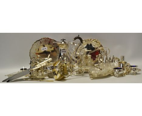 Silver Plated Ware - a James Deakin strawberry dish; a four bottle cruet set; a Sheffield plate gilded interior Punch ladle; 