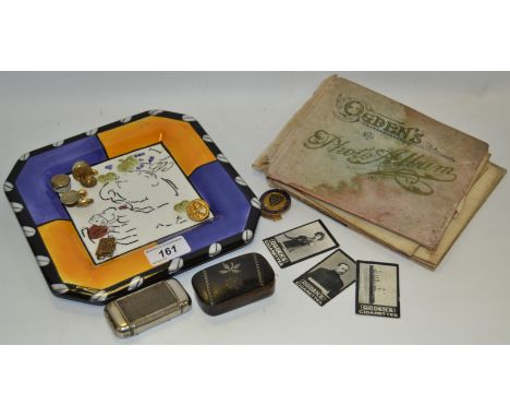 A Victorian snuff box; a vesta case; cufflinks; cigarette cards; etc