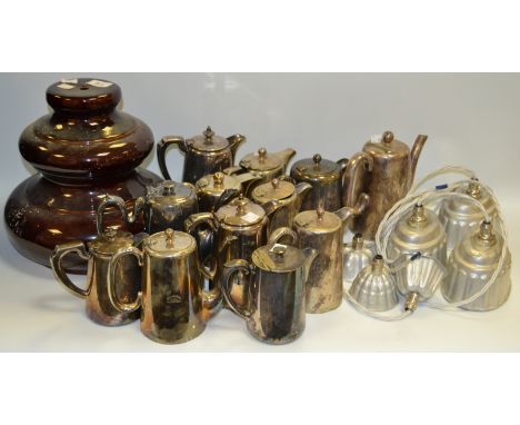 A set of three unusual kitchen light fittings made from jelly moulds; a treacle glazed ceramic light shade; boxed Titan ware 
