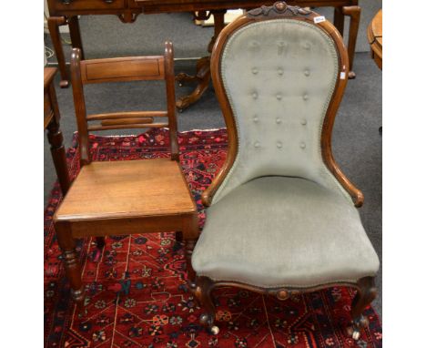 A Victorian walnut nursing chair, button back, cabriole forelegs, ceramic casters, c.1880; a 19th century mahogany dining cha
