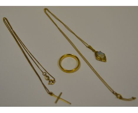 Jewellery - a 22ct gold wedding band, 5.7g gross;  an opal pendant, a 9ct gold cross, 3.3g gross (3)