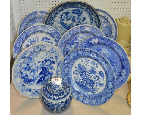 Blue and White Ceramics -  a blue and white dish painted with fanciful bird; a blue white ginger jar and cover; reproduction 