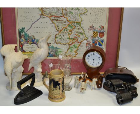 Boxes and Objects - an Edwardian mahogany mantel clock, barber pole stringing throughout; three Beswick Hounds; a pair of res