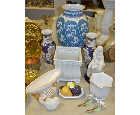 Ceramics - a large blue and white bulbous shaped vase; a pair of Oriental Garden baluster shaped vases; a chalk figural group