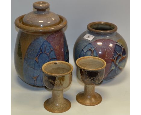 Crich Pottery - a pair of stoneware goblets; a Crich pottery ovoid vase, a conforming storage jar and cover 