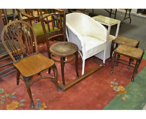 Furniture - a Lloyd Loom tub chair , similar laundry basket; an early 20th century bentwood bedroom char; a 19th century oak 