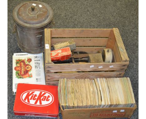 Tools - a woodworking mallet, rules, Art De o fuel bin;  etc 