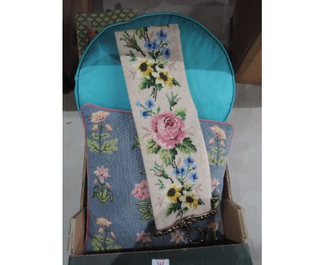 A tapestry wall hanging, cushion and bell pull etc