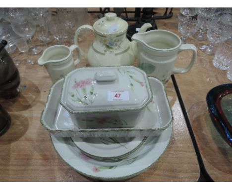 A selection of Midwinter tableware also Wedgwood Raspberry Cane jugs  and Royal Doulton Adrienne teapot