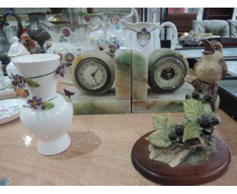 A pair of onyx book ends (one end clock, one end barometer), Border fine Art 'Wren in Brambles' RB50  etc